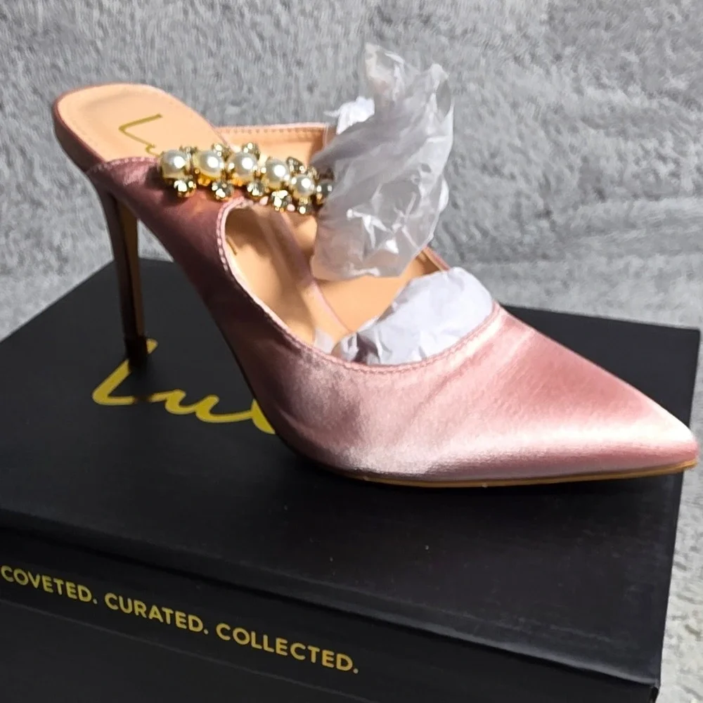 Lulus Sephoraa Rose Gold Pearl Crystal Embellished Pointed Toe Mules Heels 5 NEW - Picture 2 of 5